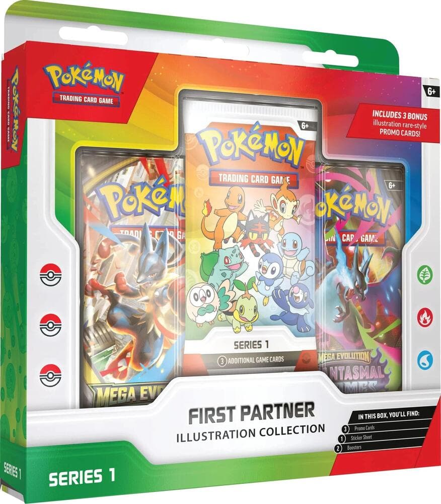 Pokémon TCG First Partner Illustration Collection Series 1 - samlerboks med boosterpakker og klistremerkeark